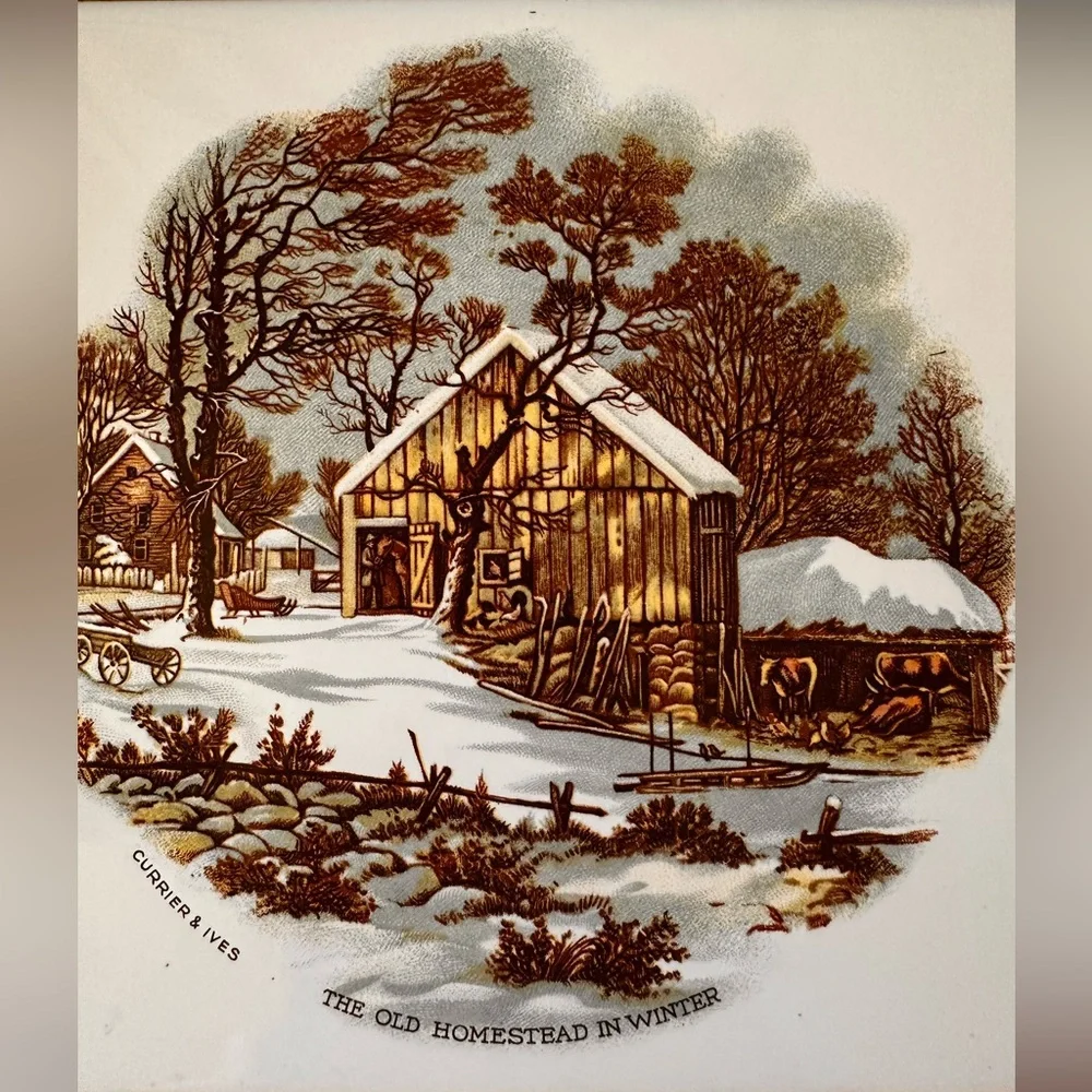 Currier & Ives American Homestead Wilderness Winter Set of 3 Wall Tiles